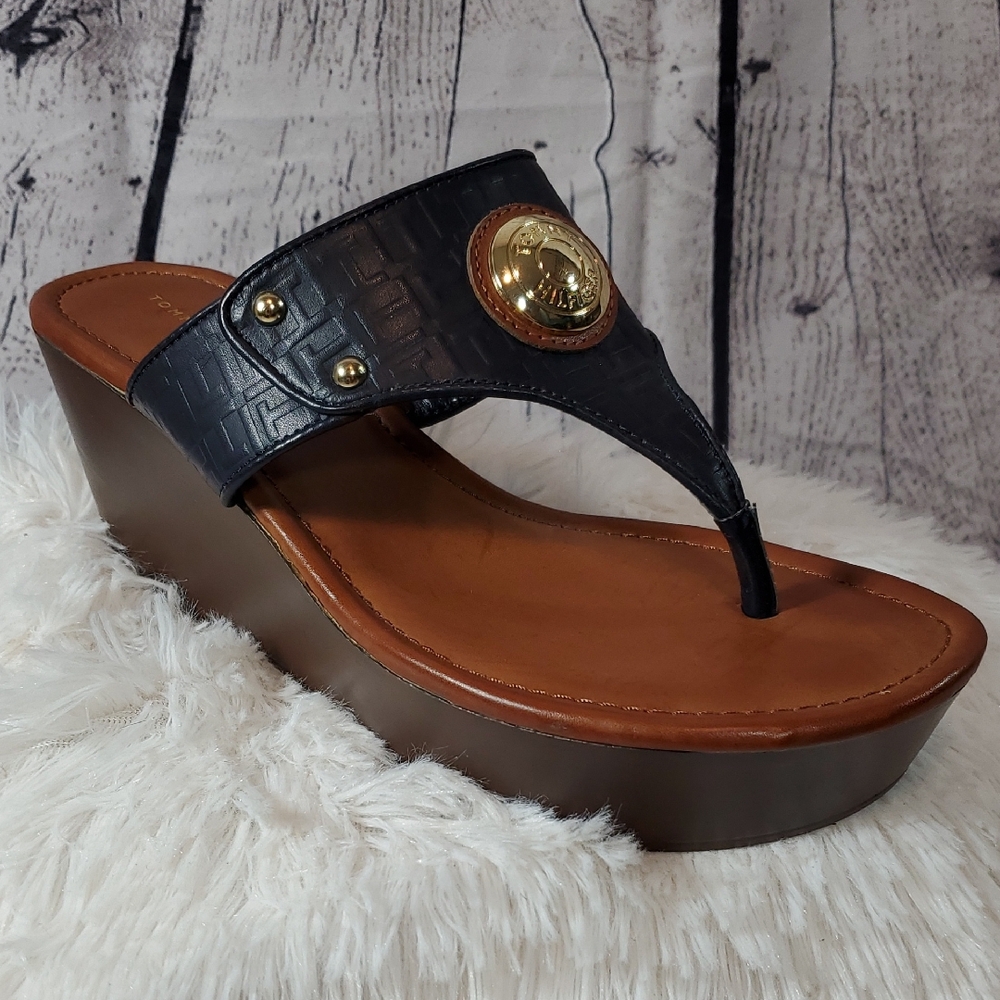 Tommy Hilfiger Navy and Brown Wedge Thong Sandals with Gold Accent